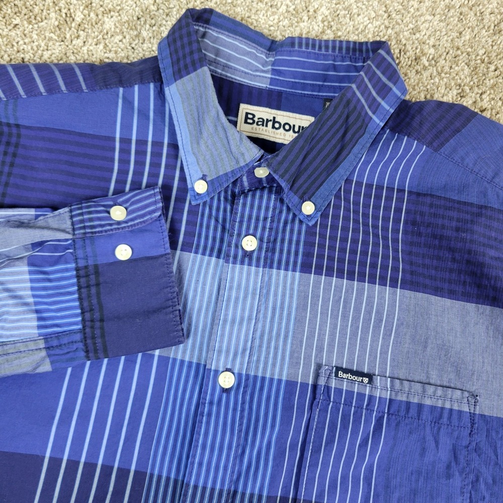 Barbour Tailored Fit Mens Medium Blue Plaid Button Down Long Sleeve